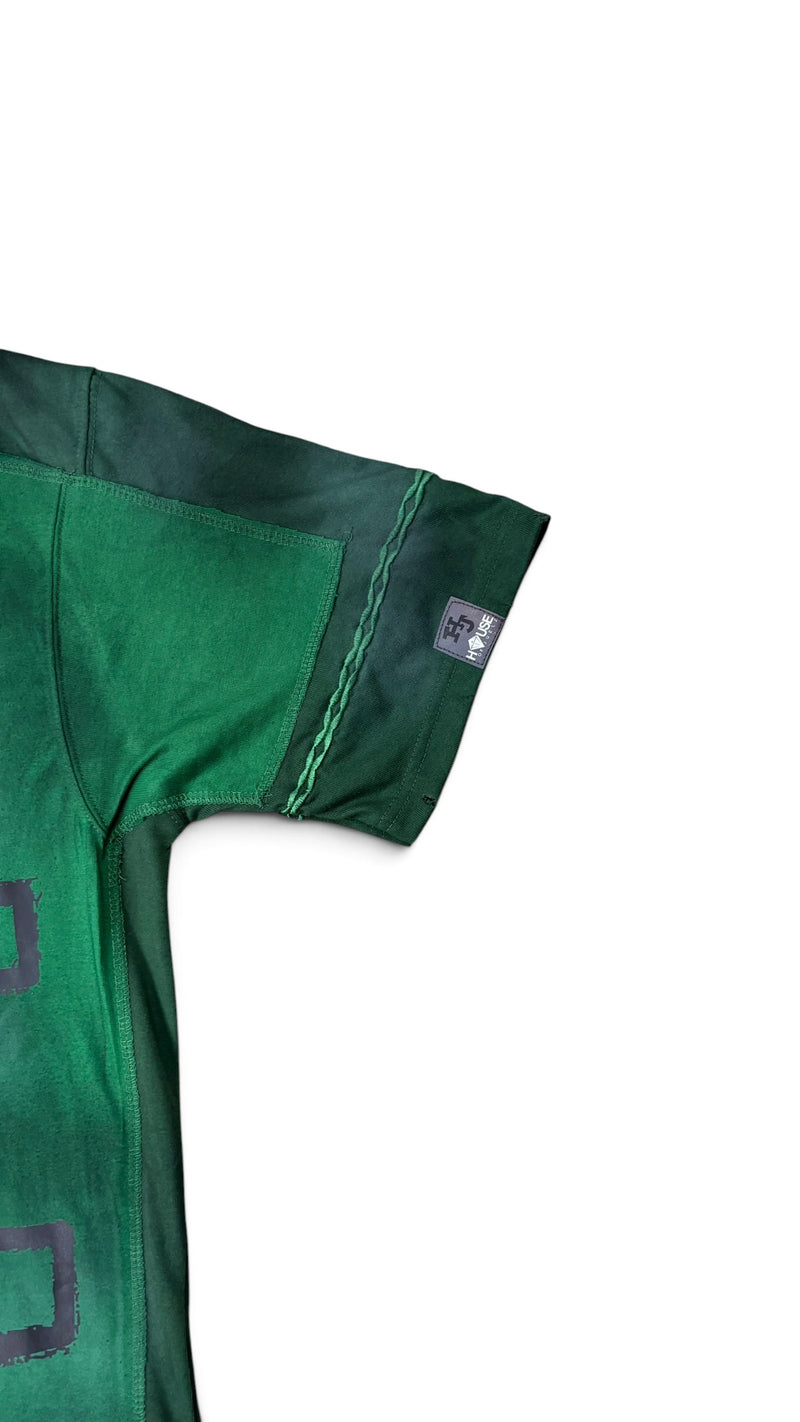 House of Juelz green double layer shirt sleeve stitching and label detail